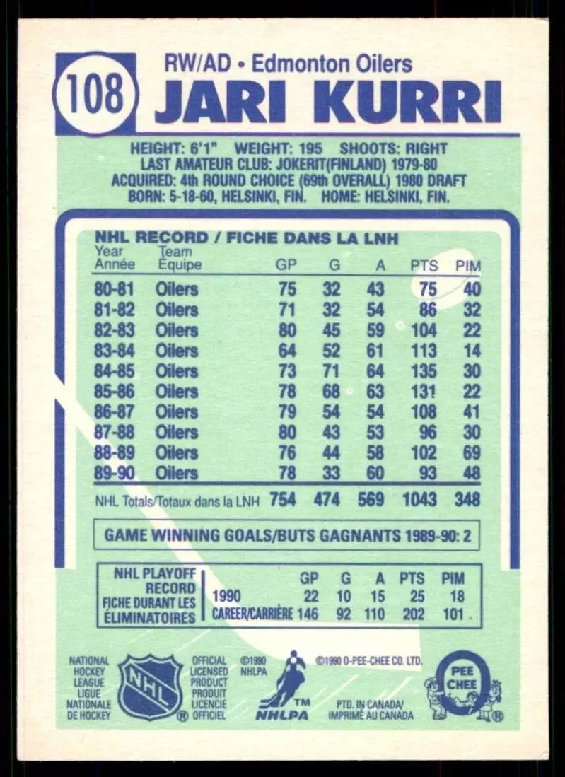 1990-91 O-Pee-Chee #108 Jari Kurri 1
