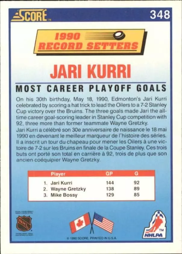 1990-91 Score #348 Jari Kurri LL 1