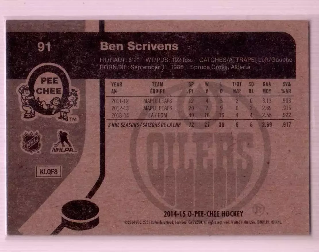 2014-15 O-Pee-Chee Retro #91 Ben Scrivens 1