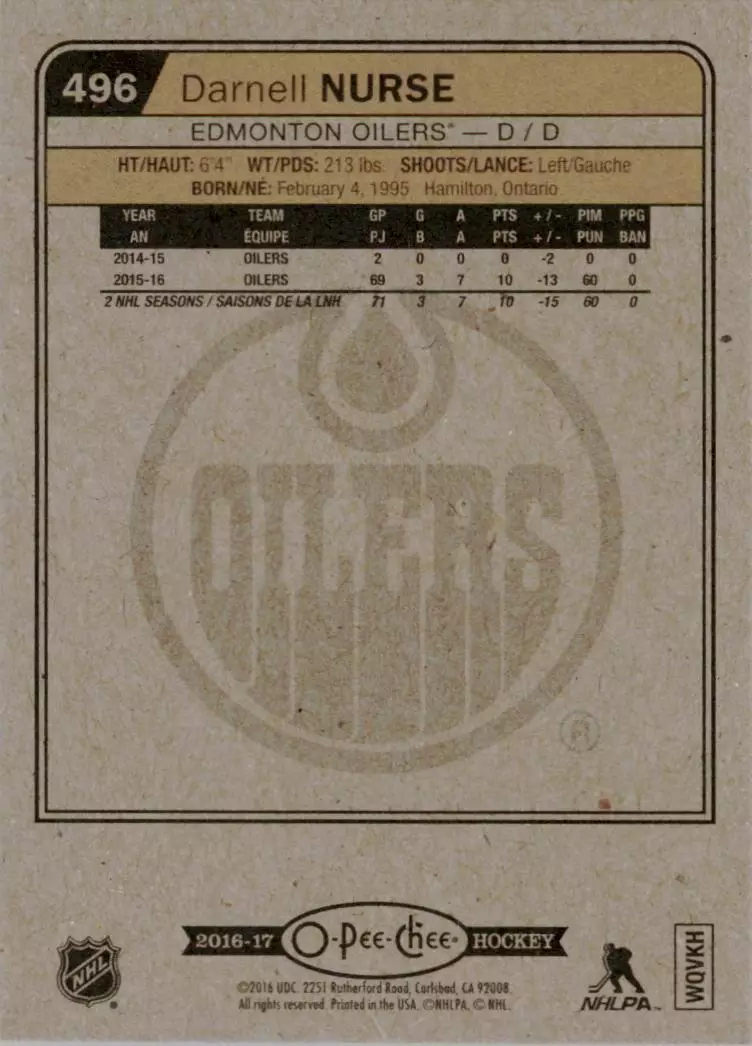2016-17 O-Pee-Chee #496 Darnell Nurse 1