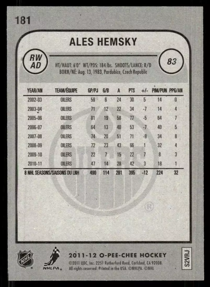 2011-12 O-Pee-Chee #181 Ales Hemsky 1
