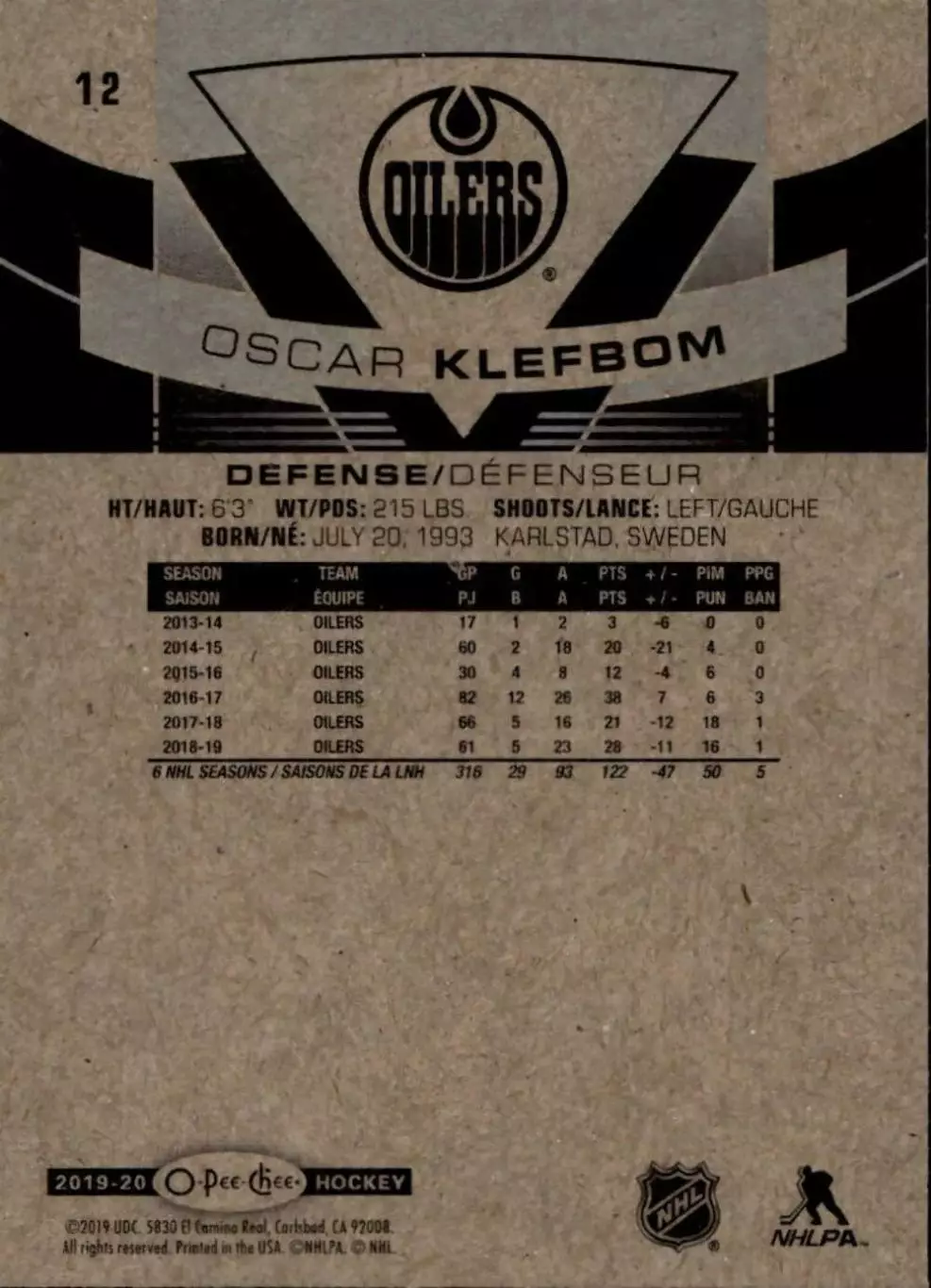 2019-20 O-Pee-Chee #12 Oscar Klefbom 1