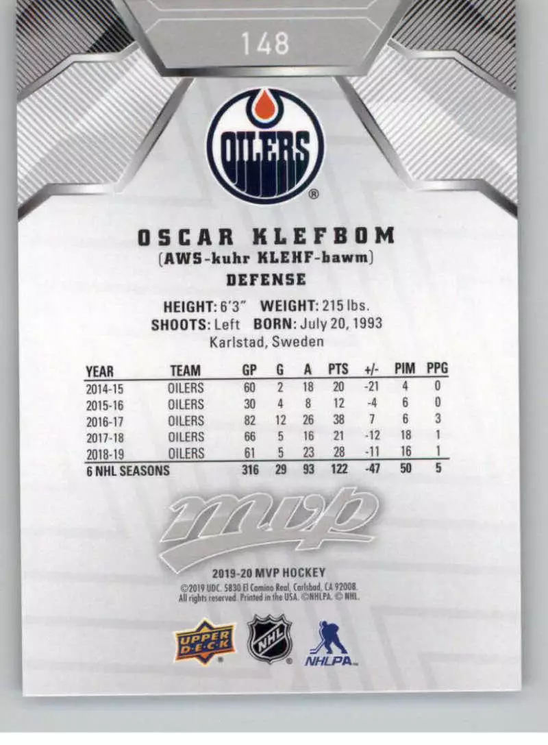 2019-20 Upper Deck MVP Silver Script #148 Oscar Klefbom 1