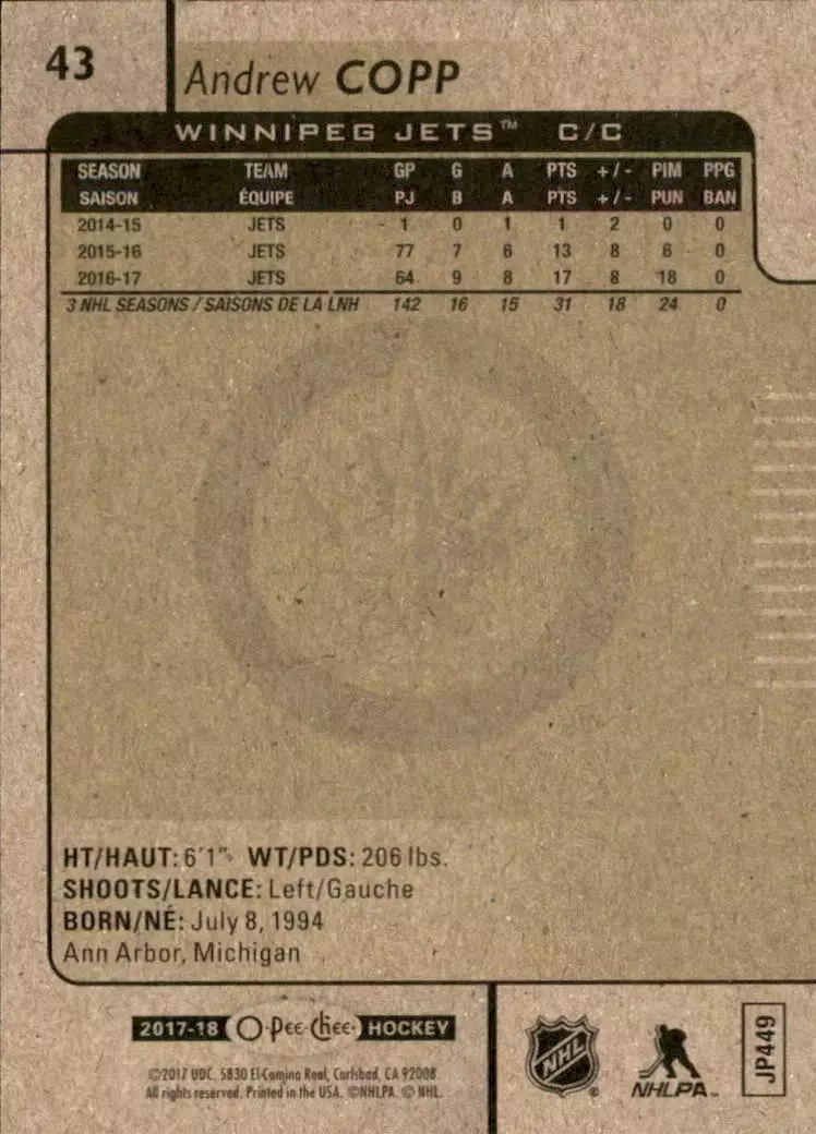 2017-18 O-Pee-Chee #43 Andrew Copp 1
