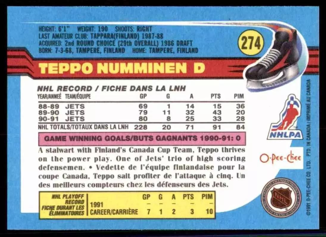1991-92 O-Pee-Chee #274 Teppo Numminen 1