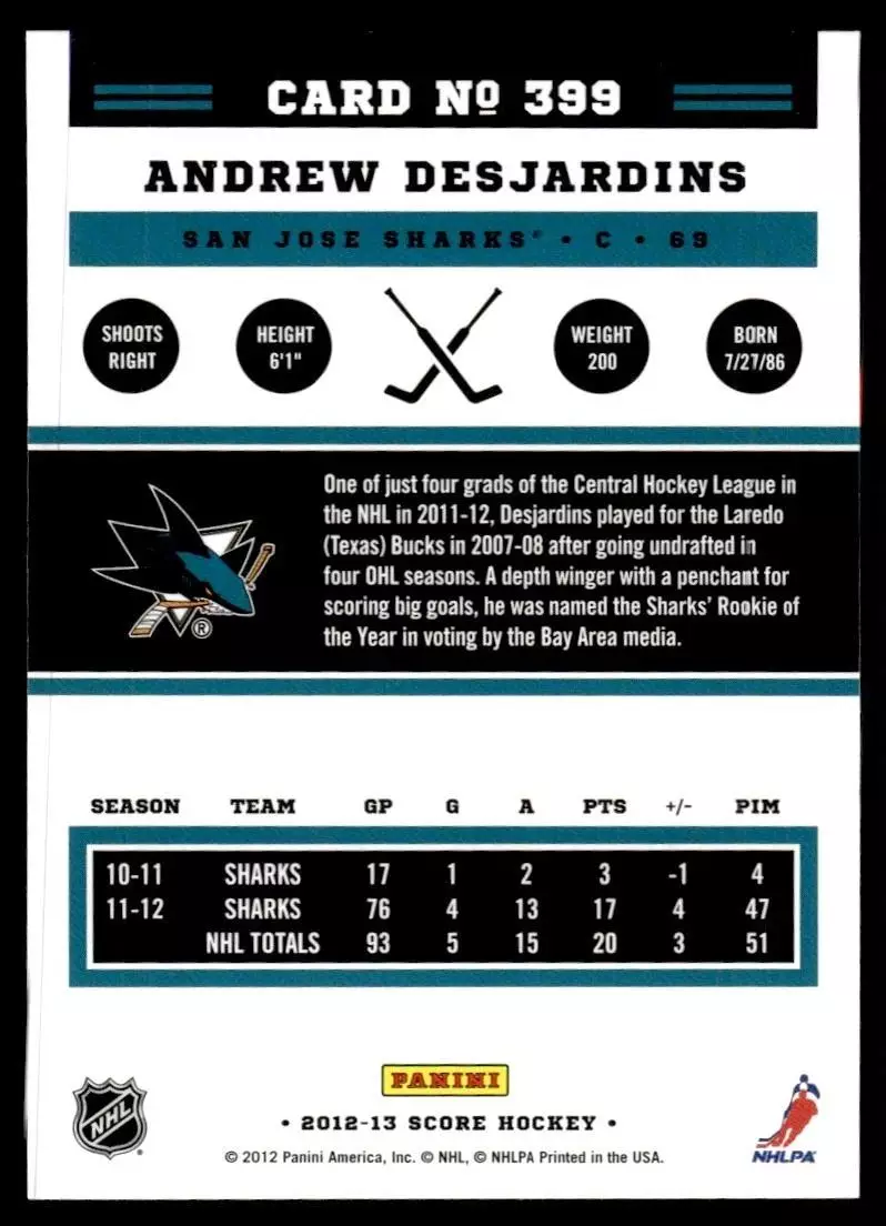 2012-13 Score #399 Andrew Desjardins 1