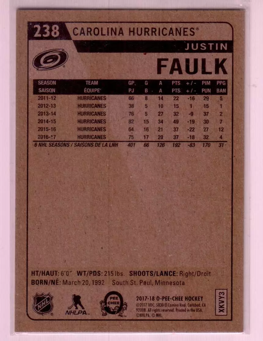 2017-18 O-Pee-Chee Retro #238 Justin Faulk 1