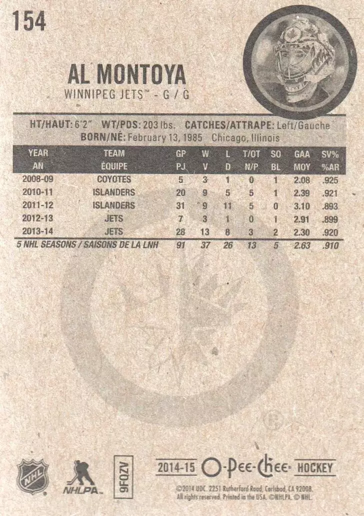 2014-15 O-Pee-Chee #154 Al Montoya 1