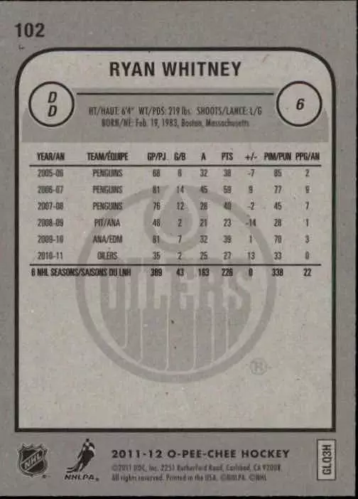 2011-12 O-Pee-Chee #102 Ryan Whitney 1