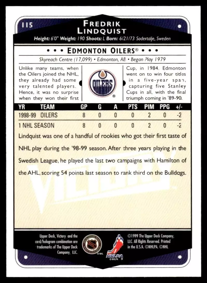 1999-00 Upper Deck Victory #115 Fredrik Lindquist 1