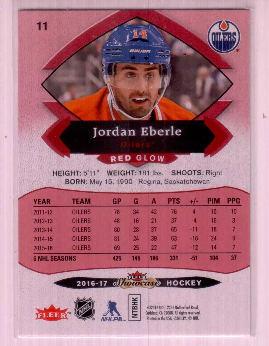 2016-17 Fleer Showcase Red Glow #11 Jordan Eberle 1