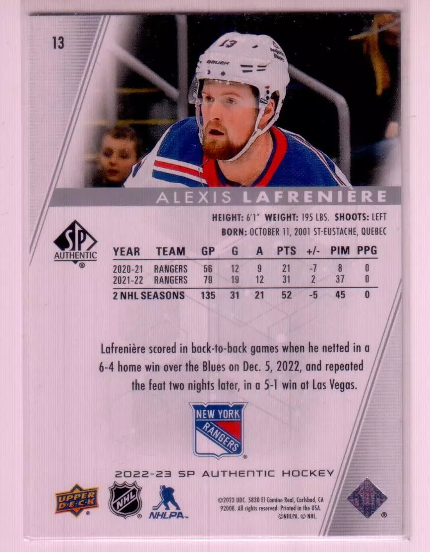 2022-23 SP Authentic #13 Alexis Lafreniere 1