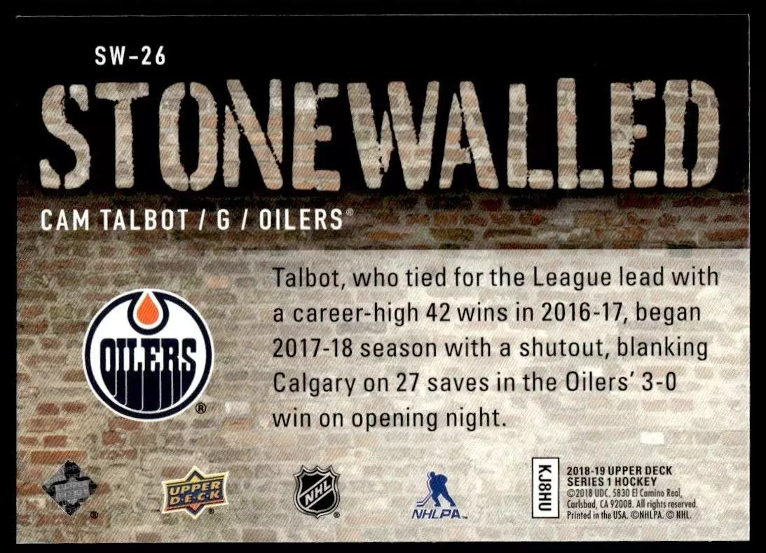 2018-19 Upper Deck Stonewalled #SW26 Cam Talbot 1