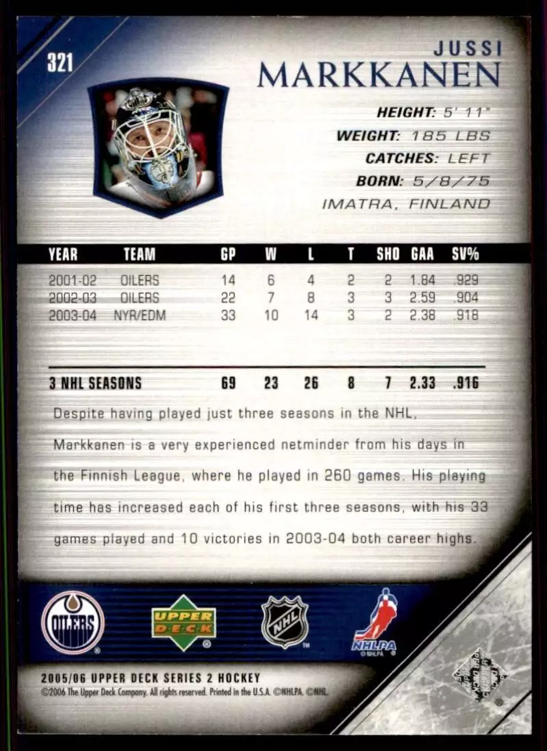 2005-06 Upper Deck #321 Jussi Markkanen 1