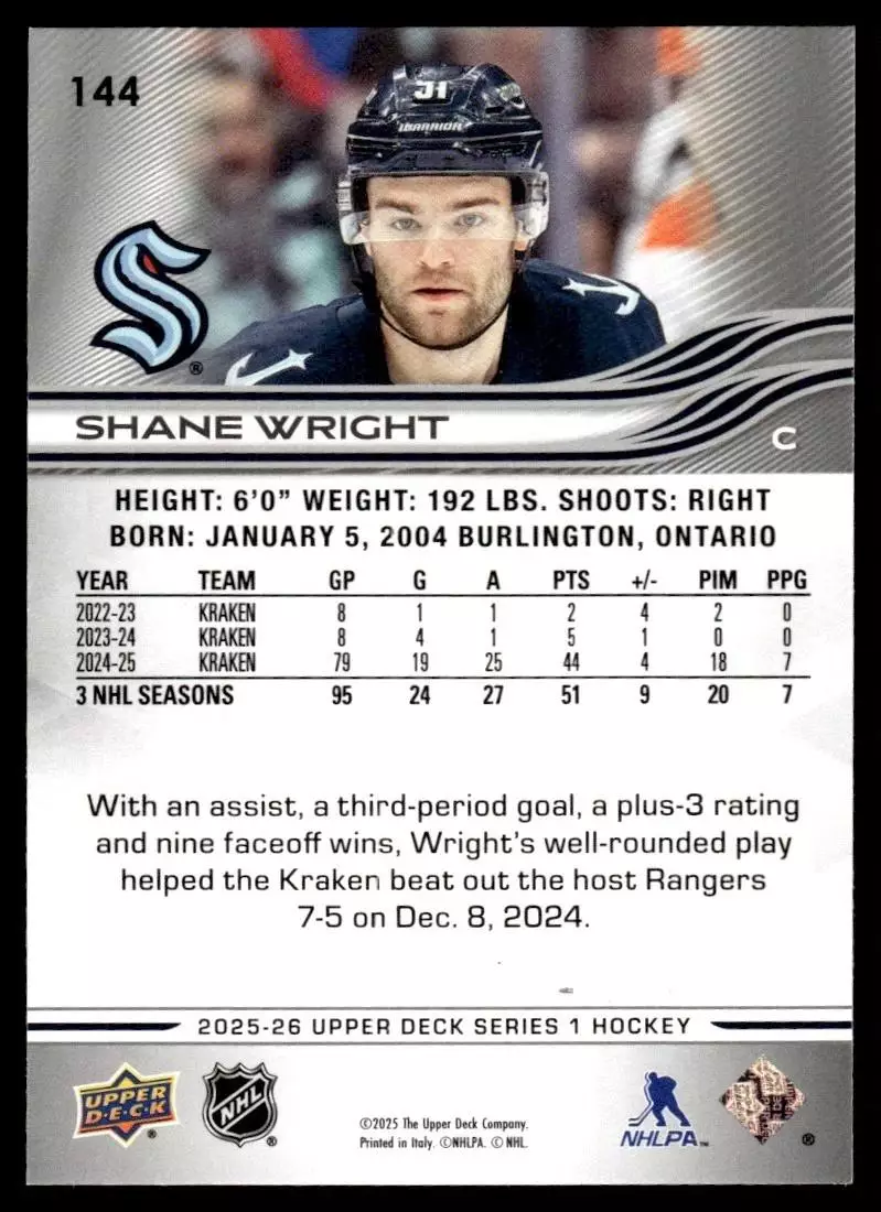 2025-26 Upper Deck #144 Shane Wright 1