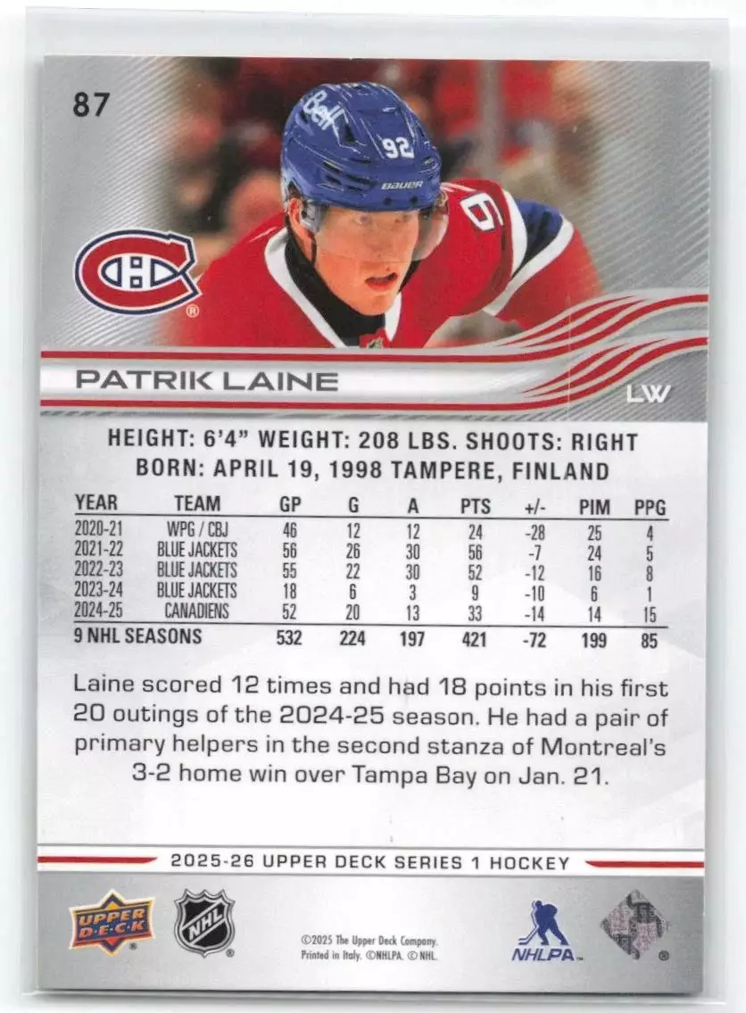 2025-26 Upper Deck #87 Patrik Laine 1
