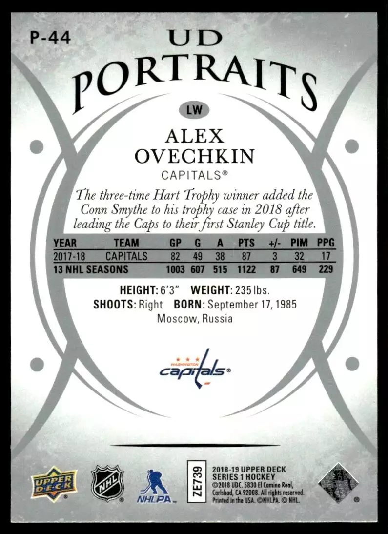 2018-19 Upper Deck UD Portraits #P44 Alexander Ovechkin 1