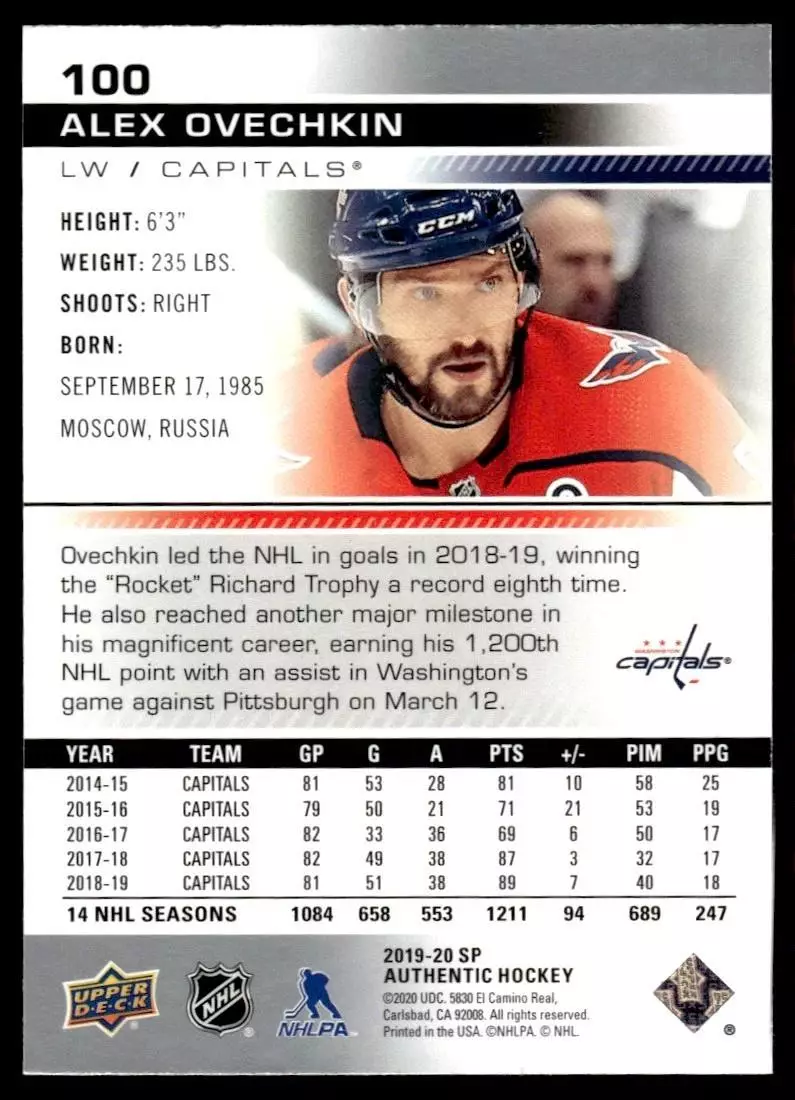 2019-20 SP Authentic #100 Alex Ovechkin 1