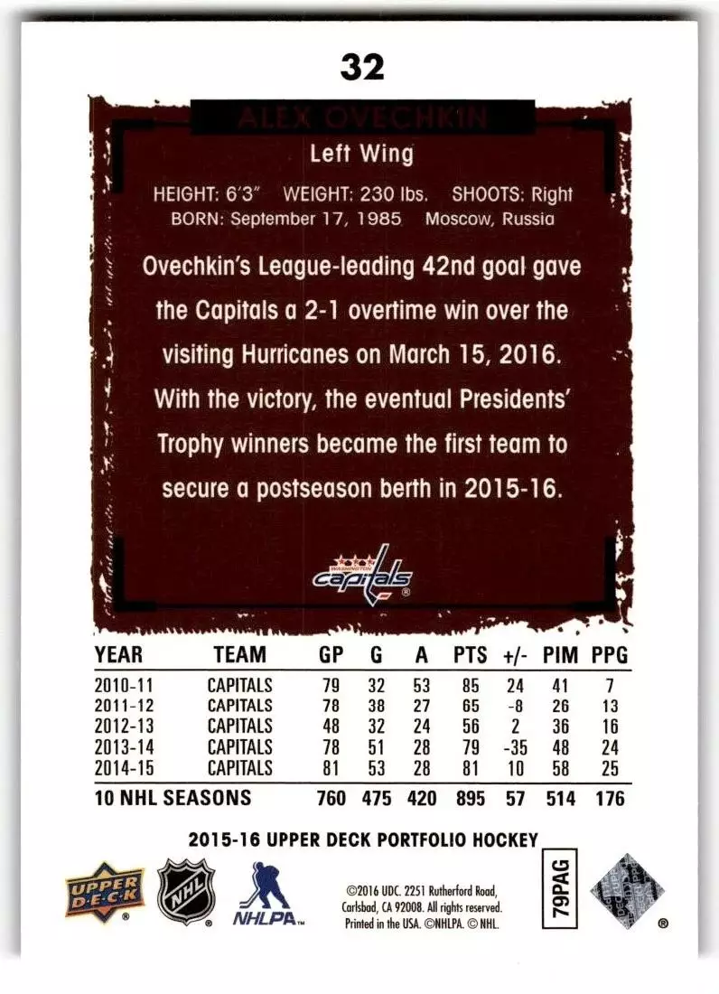 2015-16 Upper Deck Portfolio #32 Alexander Ovechkin 1