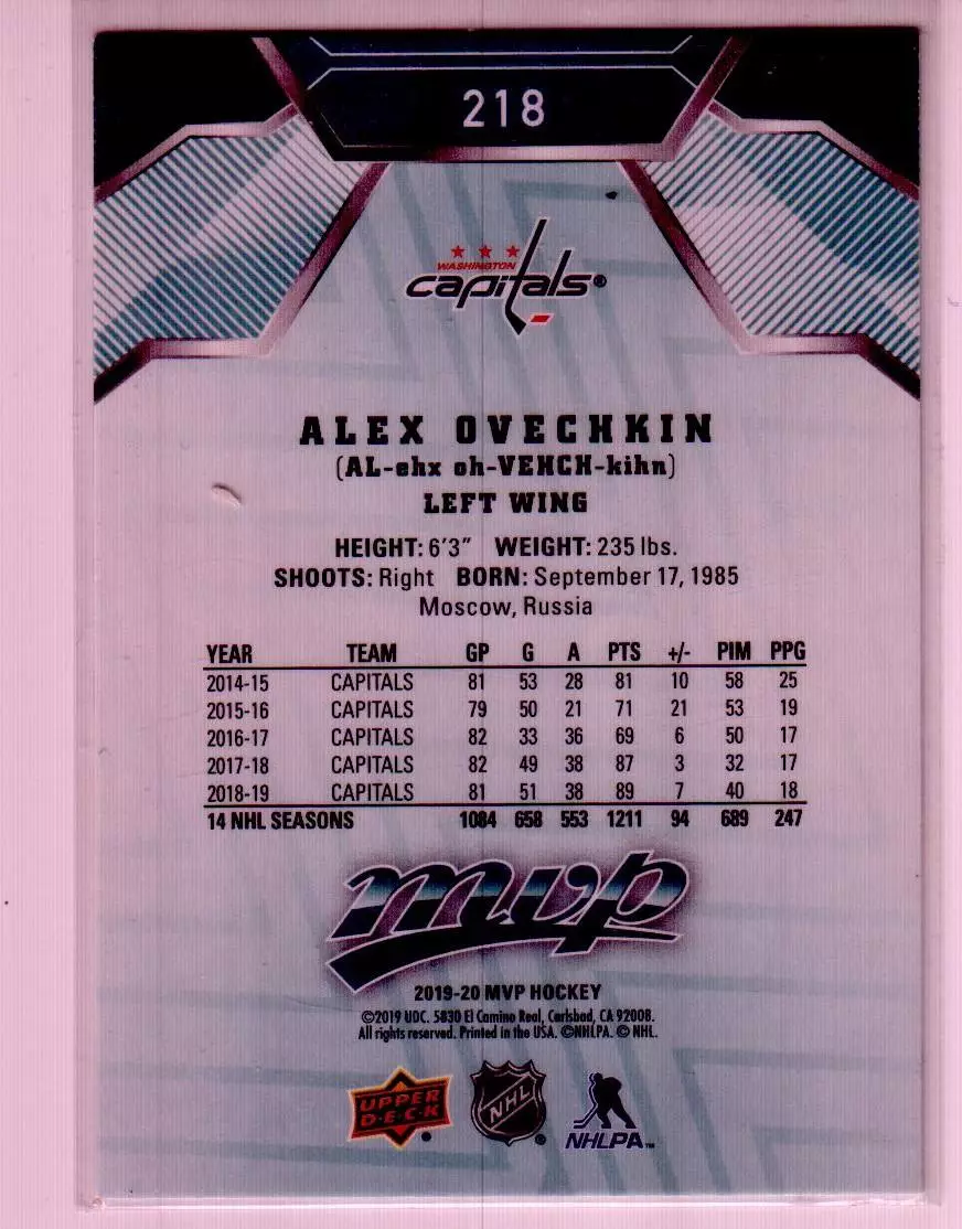 2019-20 Upper Deck MVP #218 Alexander Ovechkin SP 1