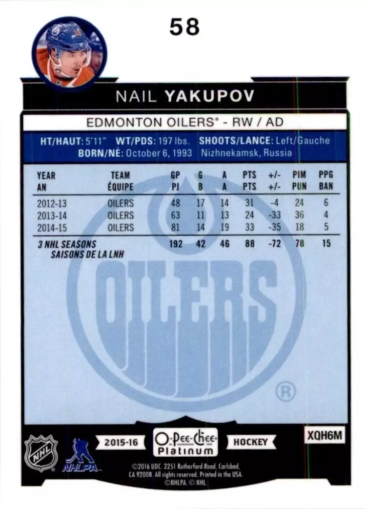 2015-16 O-Pee-Chee Platinum #58 Nail Yakupov 1
