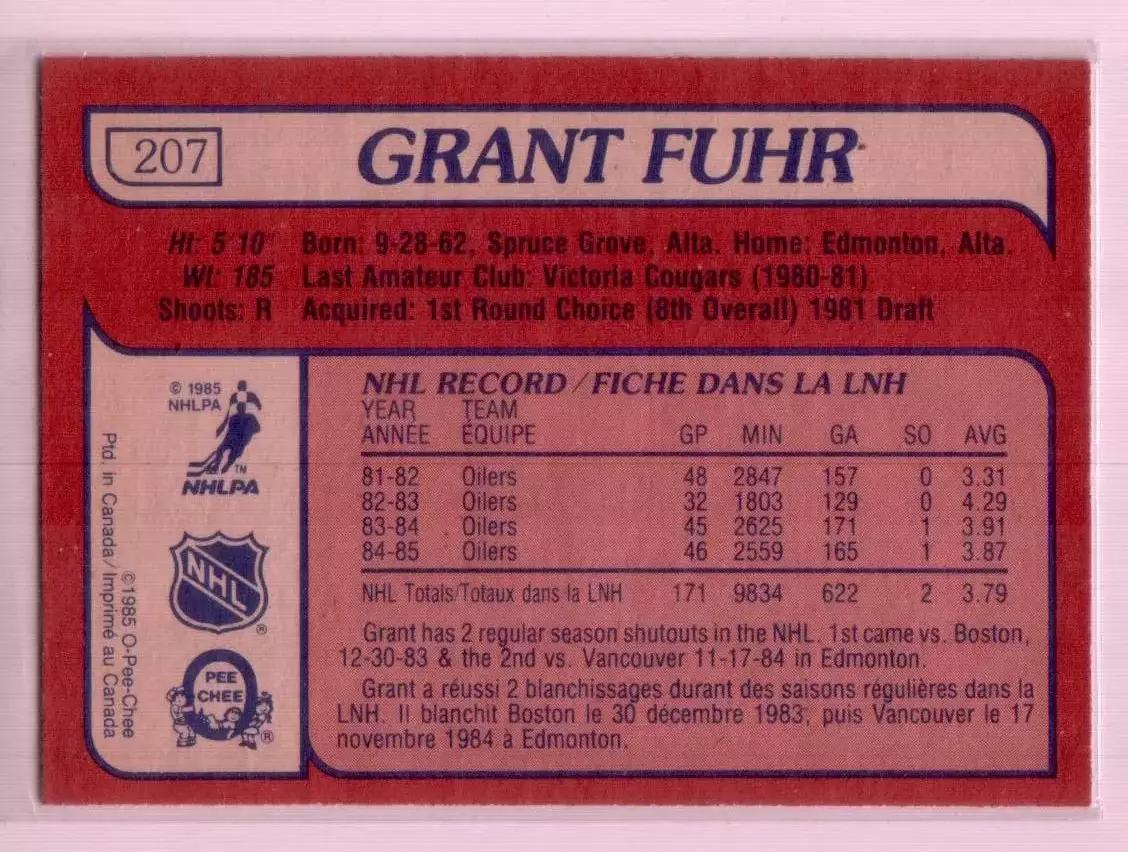 1985-86 O-Pee-Chee #207 Grant Fuhr 1