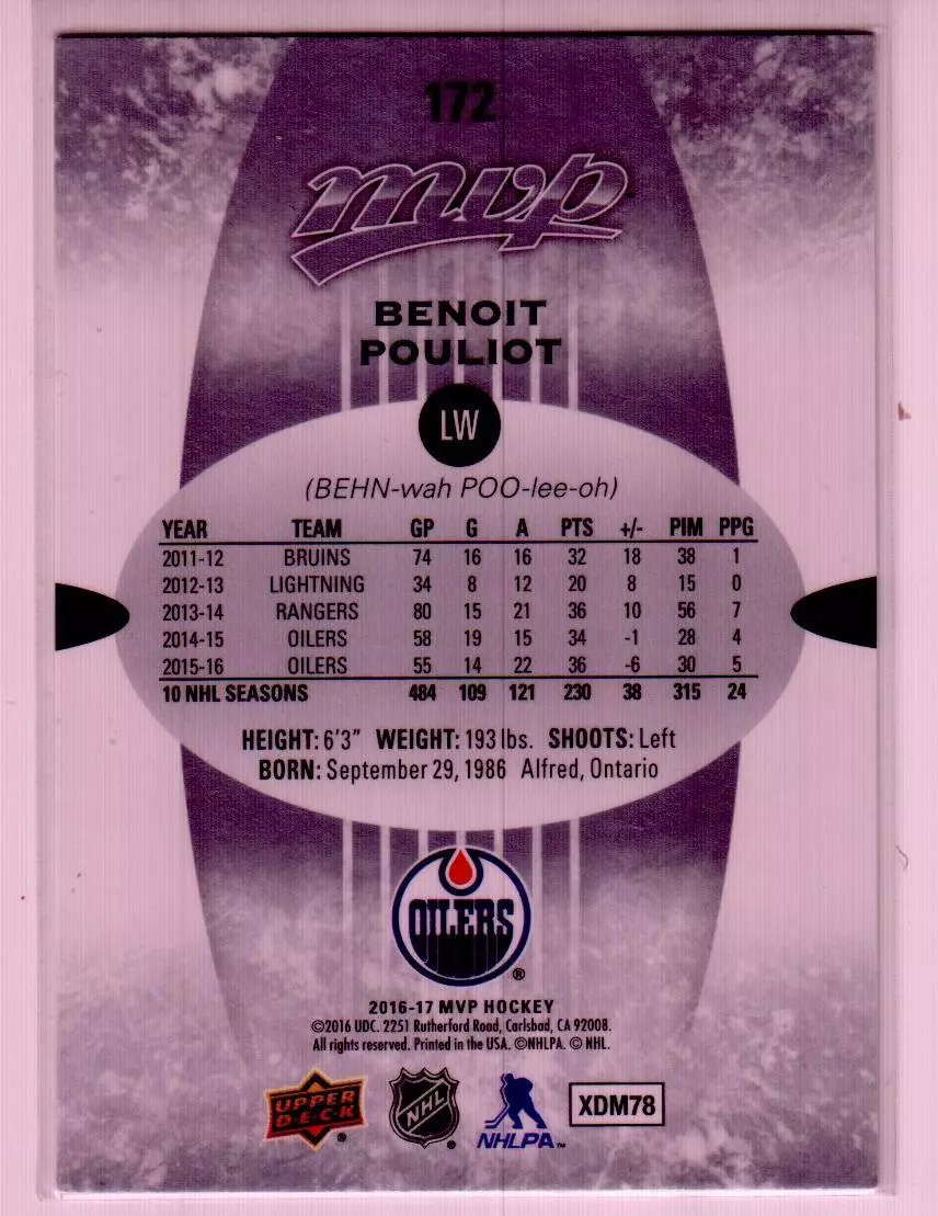 2016-17 Upper Deck MVP Silver Script #172 Benoit Pouliot 1