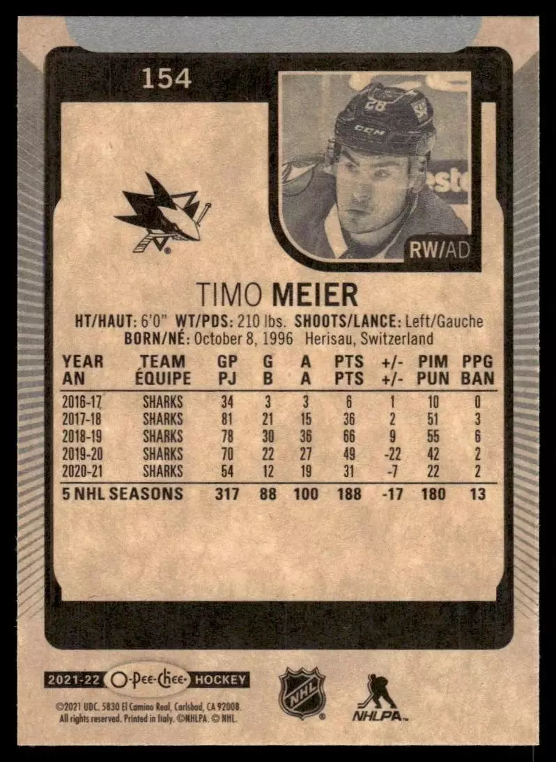 2021-22 O-Pee-Chee #154 Timo Meier 1