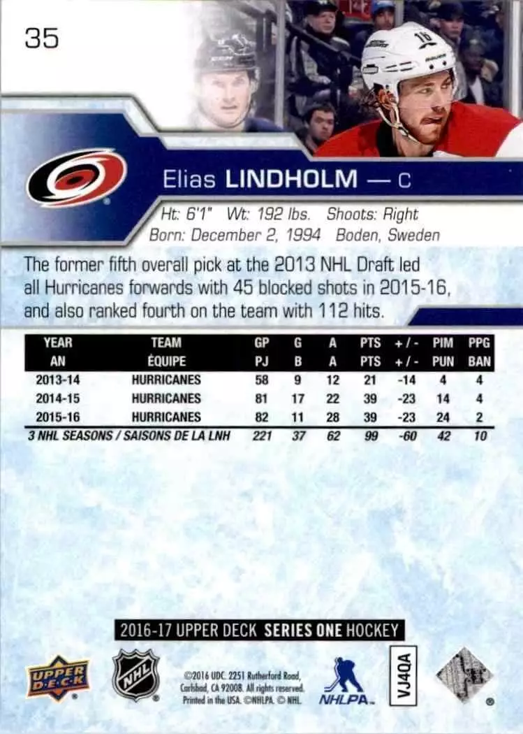 2016-17 Upper Deck #35 Elias Lindholm 1