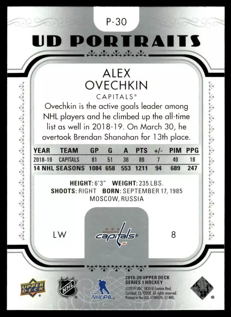 2019-20 Upper Deck UD Portraits #P30 Alexander Ovechkin 1