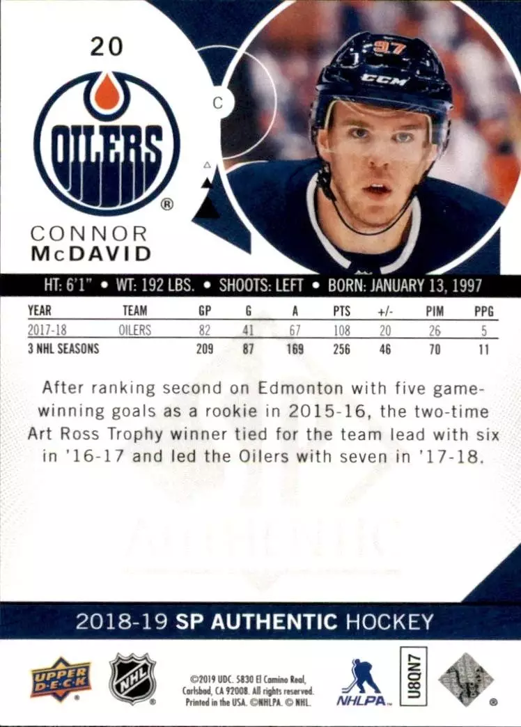 2018-19 SP Authentic #20 Connor McDavid 1