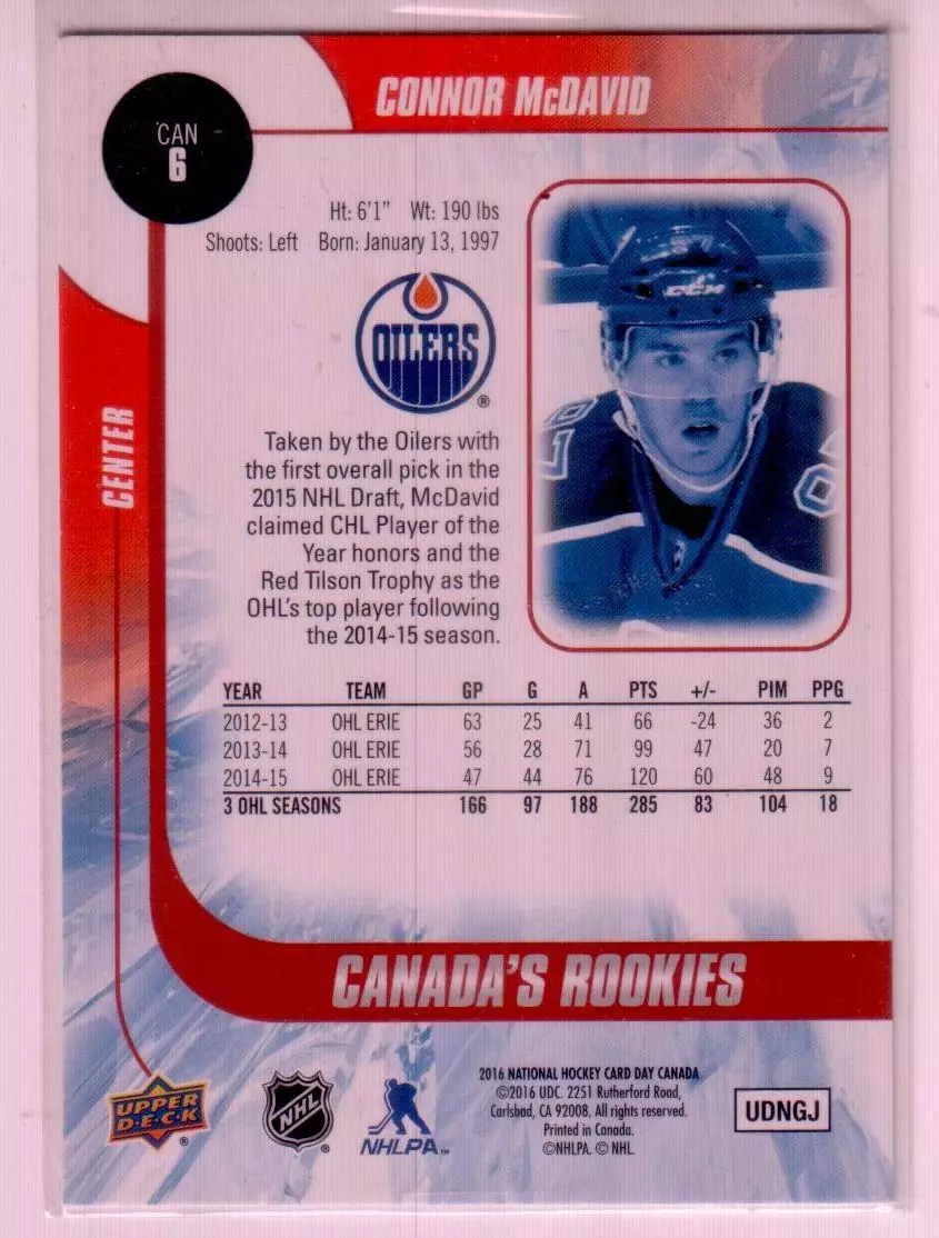 2015-16 Upper Deck National Hockey Card Day Canada #CAN6 Connor McDavid 1