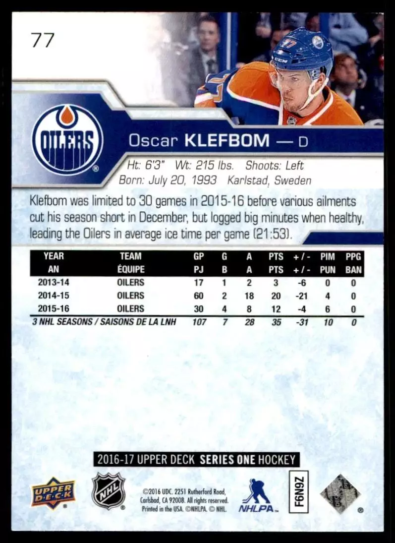 2016-17 Upper Deck #77 Oscar Klefbom 1