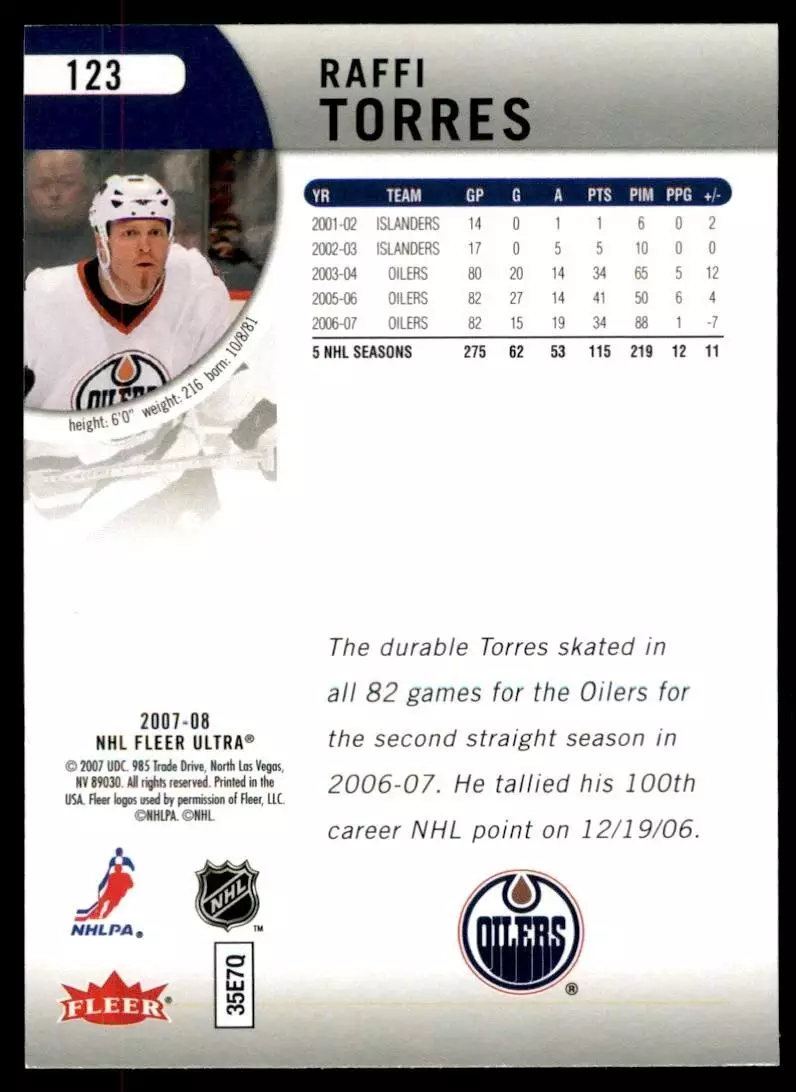 2007-08 Ultra #123 Raffi Torres 1