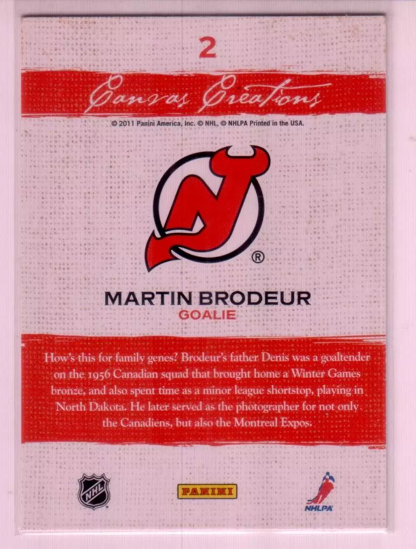 2011-12 Pinnacle Canvas Creations #2 Martin Brodeur 1