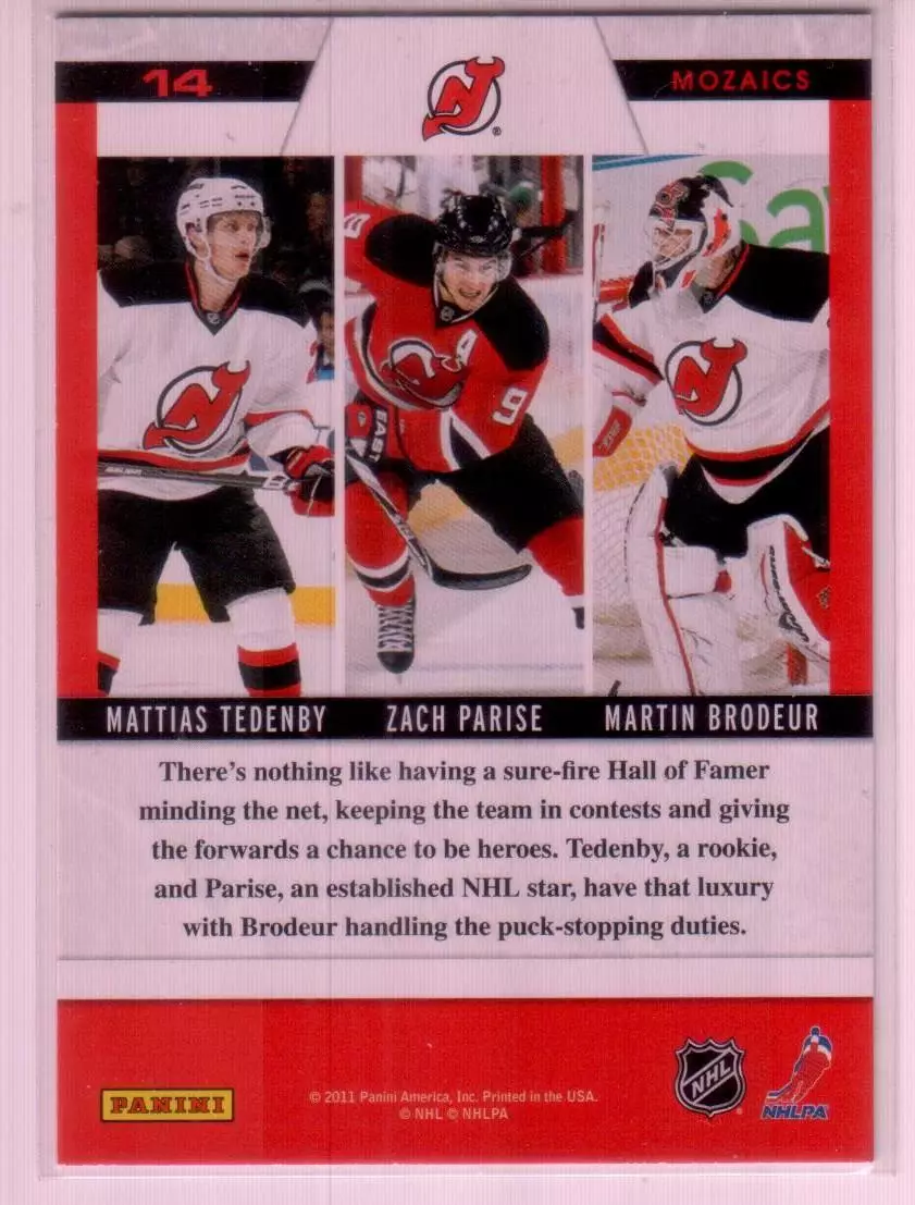 2010-11 Zenith Mozaics #14 Zach Parise/Martin Brodeur/Mattias Tedenby 1