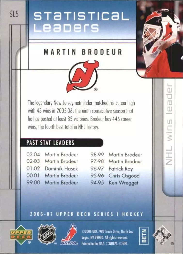 2006-07 Upper Deck Statistical Leaders #SL5 Martin Brodeur 1