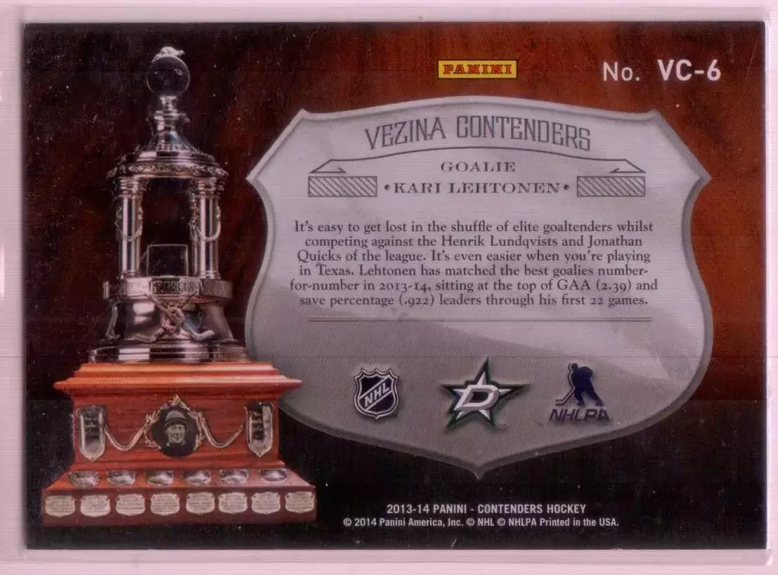 2013-14 Panini Contenders Vezina Contenders #VC6 Kari Lehtonen 267\499 1
