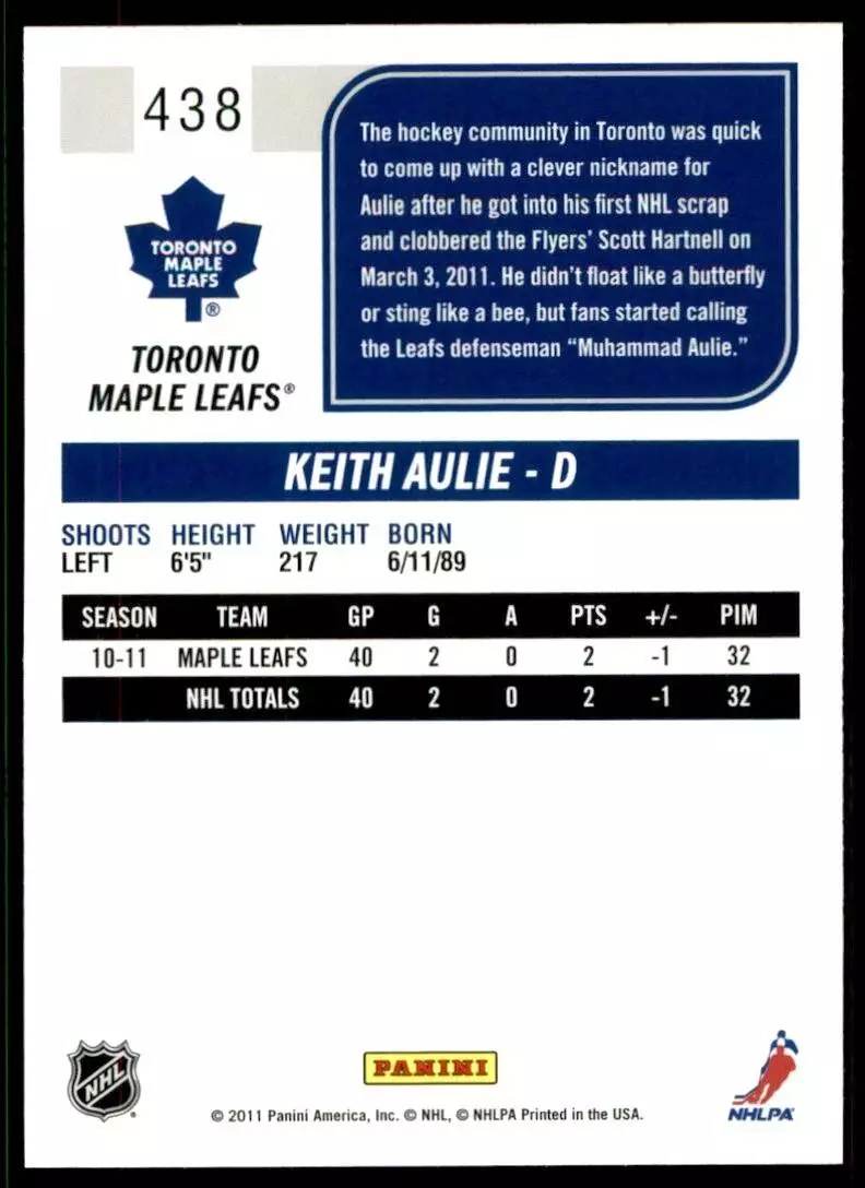 2011-12 Score #438 Keith Aulie 1