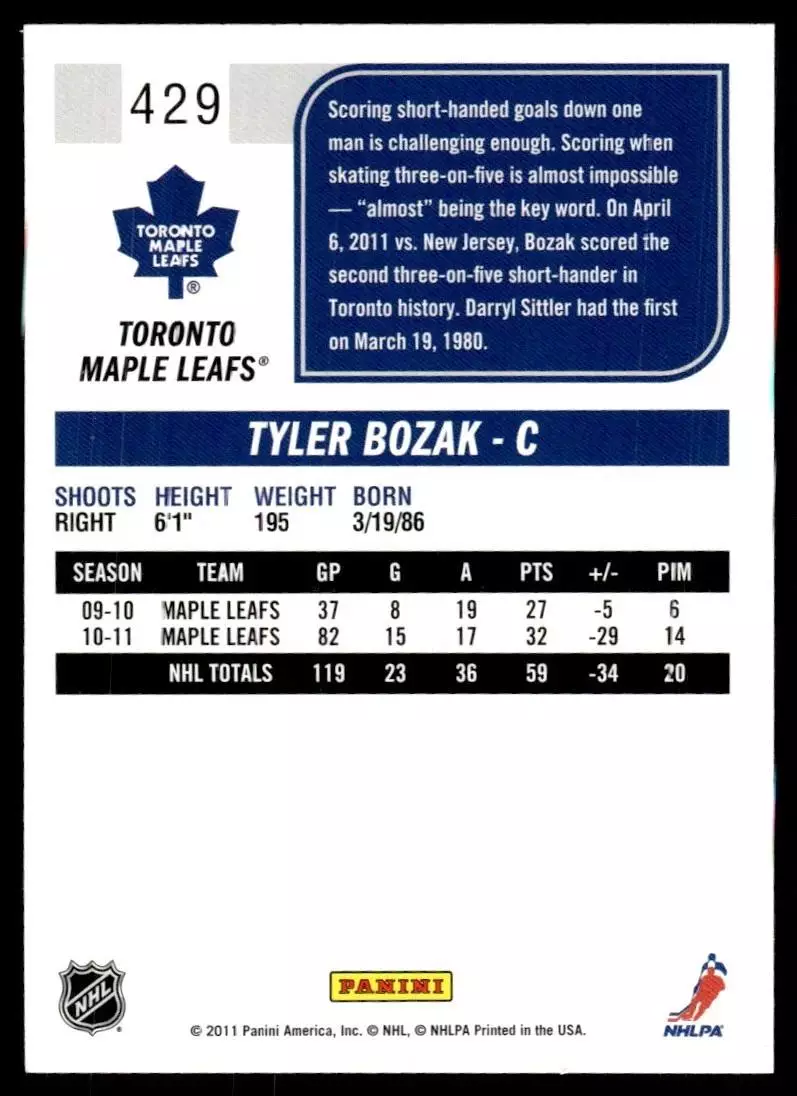 2011-12 Score #429 Tyler Bozak 1