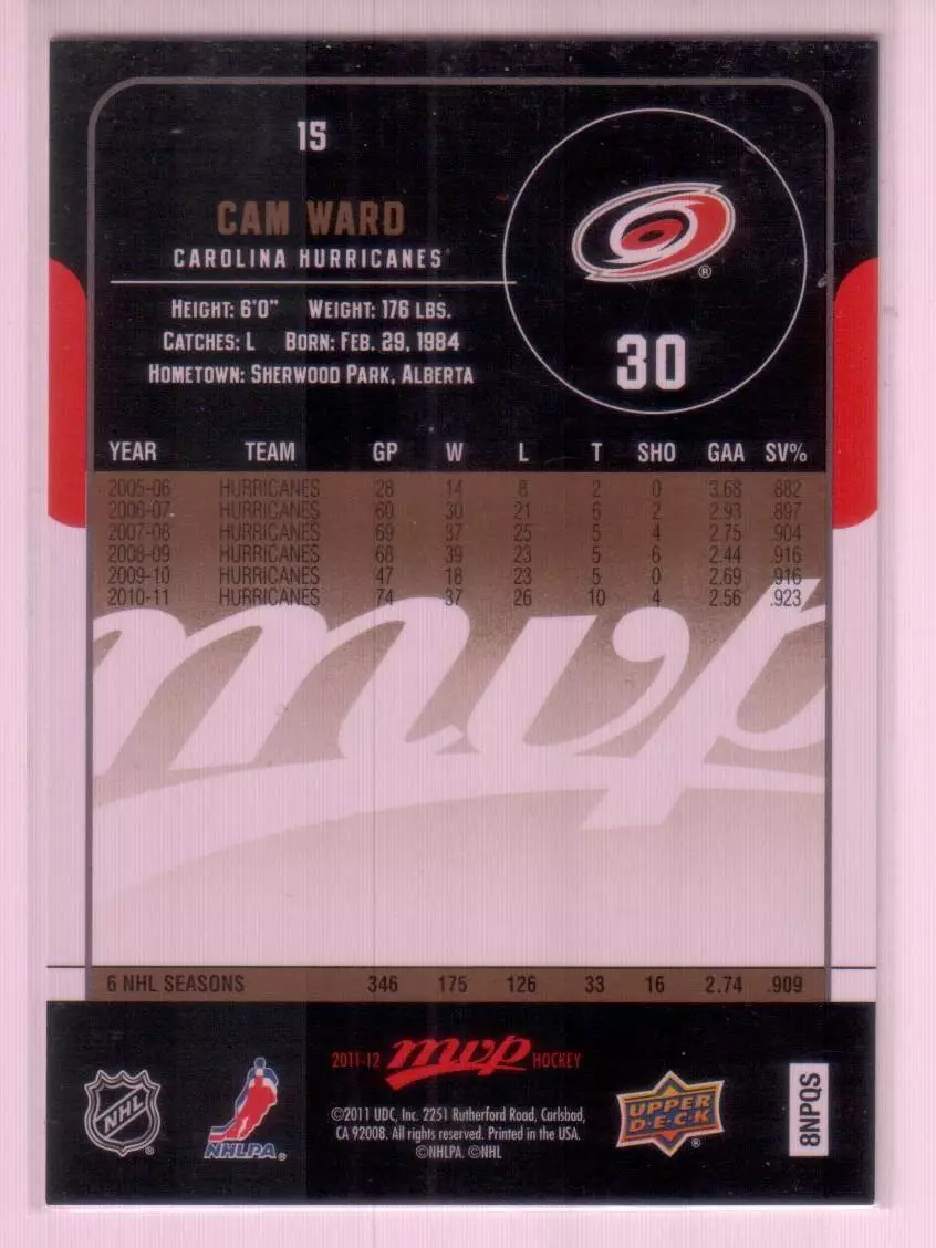 2011-12 Upper Deck MVP #15 Cam Ward 1
