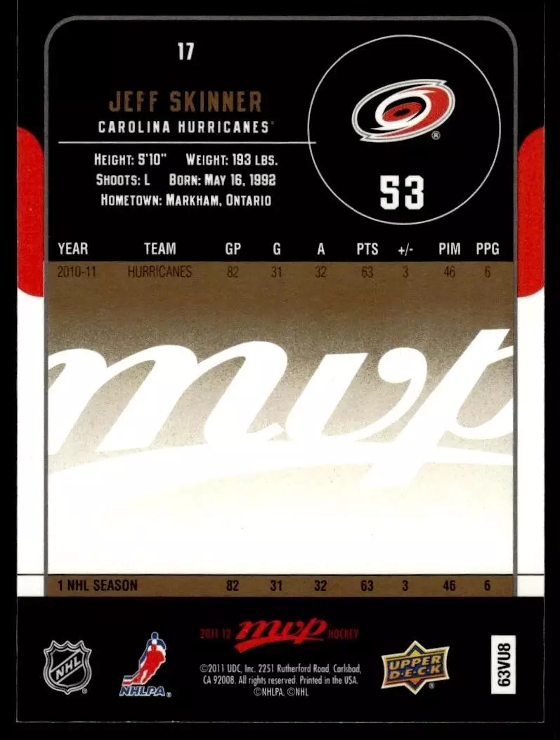 2011-12 Upper Deck MVP #17 Jeff Skinner 1