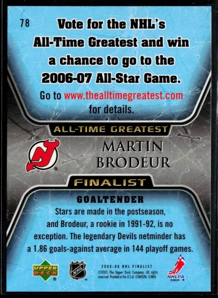 2005-06 Upper Deck All-Time Greatest #78 Martin Brodeur 1