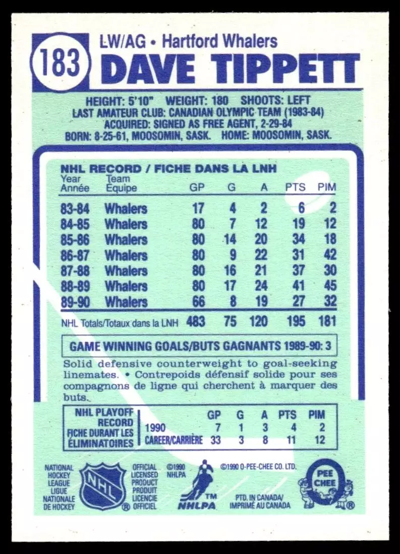 1990-91 O-Pee-Chee #183 Dave Tippett 1