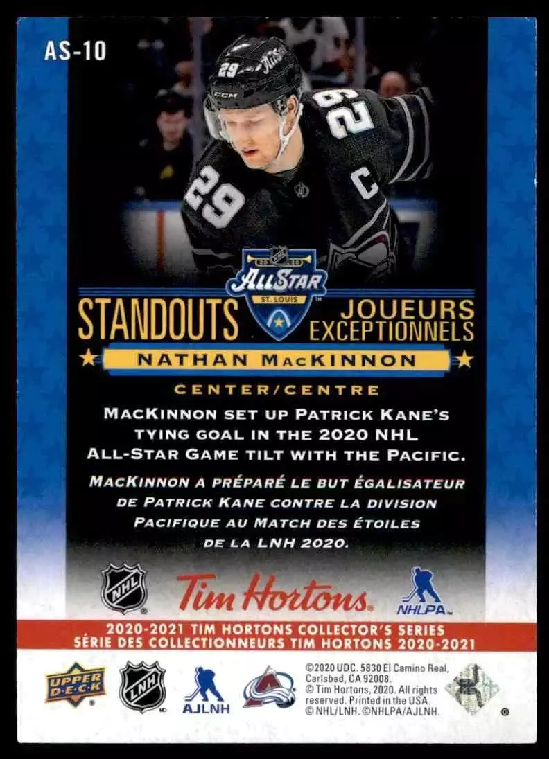 2020-21 Upper Deck Tim Hortons All Star Standouts #AS10 Nathan MacKinnon 1