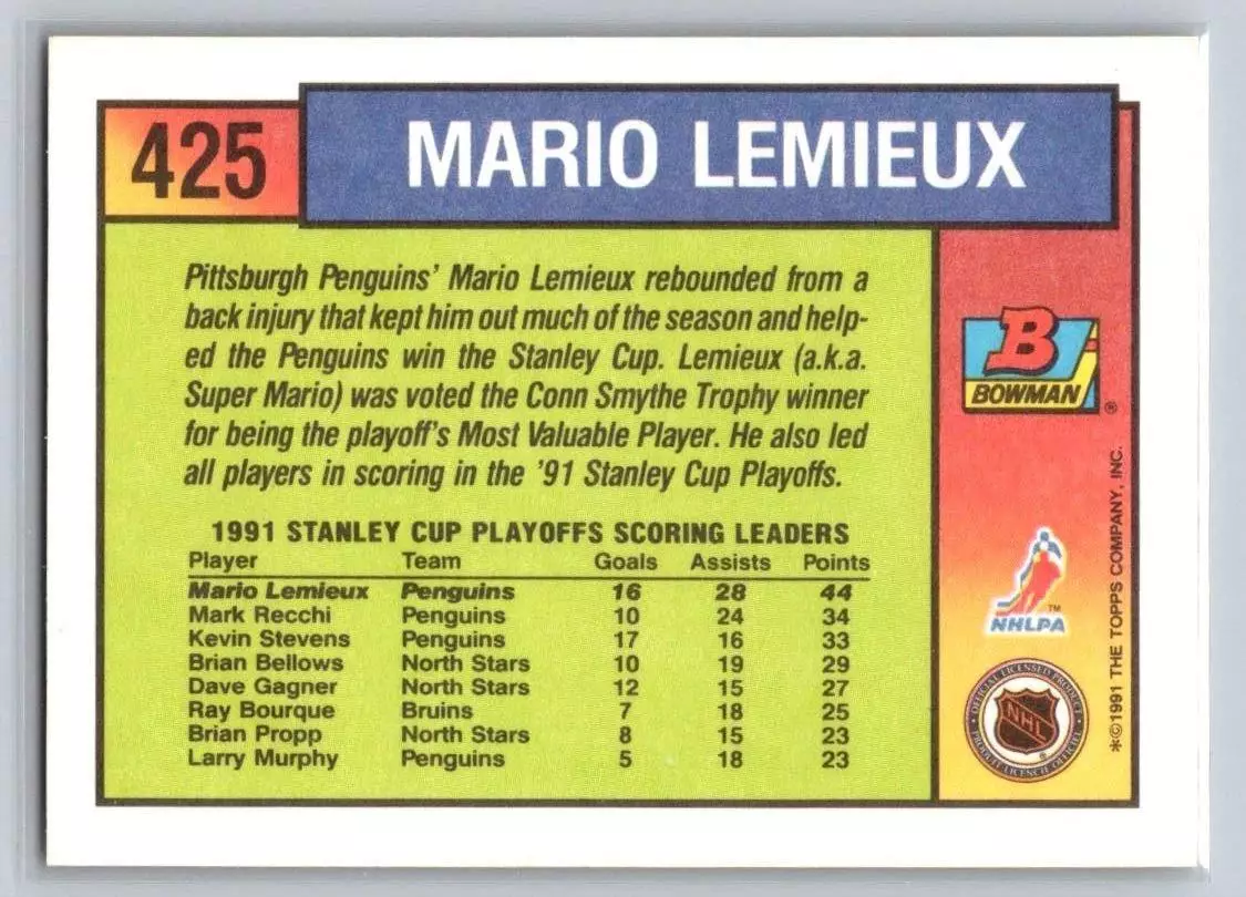1991-92 Bowman #425 Mario Lemieux Smythe 1