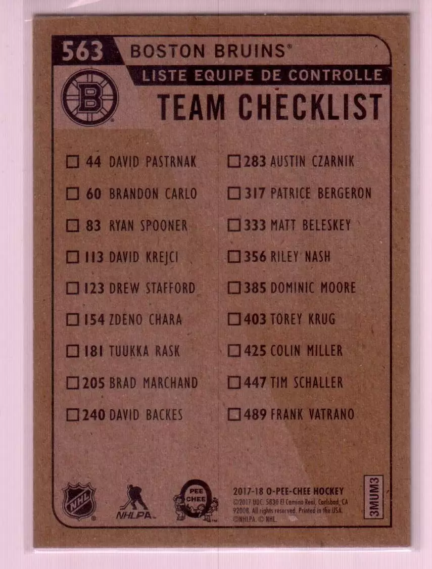 2017-18 O-Pee-Chee Retro #563 Boston Bruins CL 1