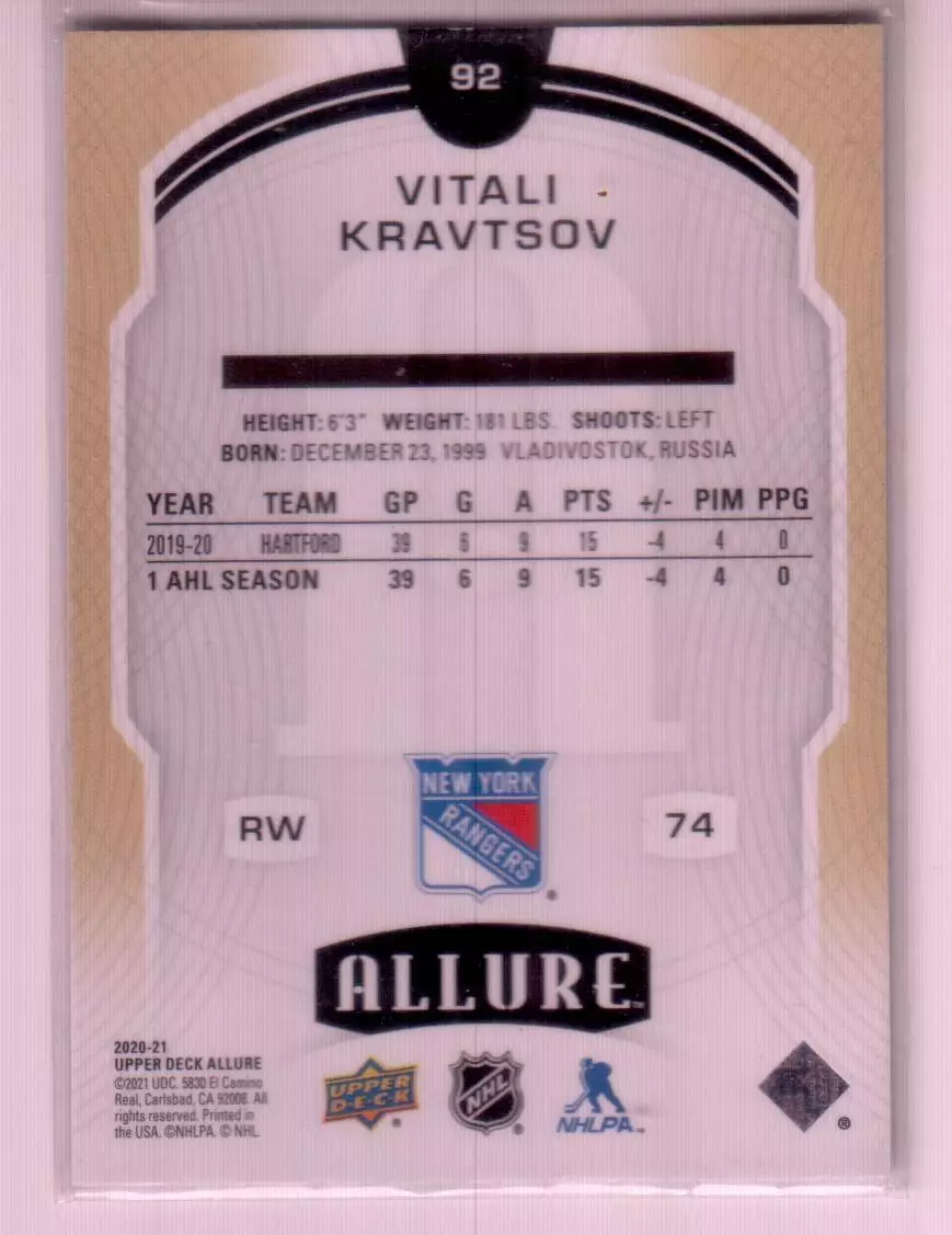 2020-21 Upper Deck Allure #92 Vitali Kravtsov RC 1