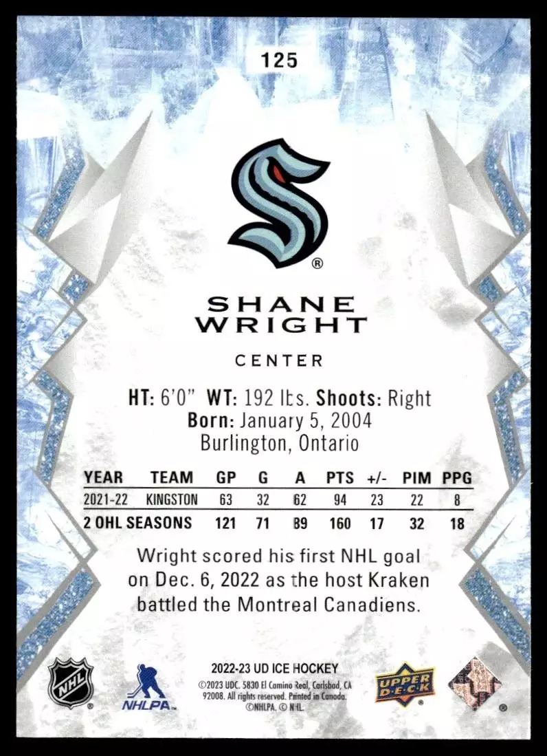 2022-23 Upper Deck Ice #125 Shane Wright RC 1