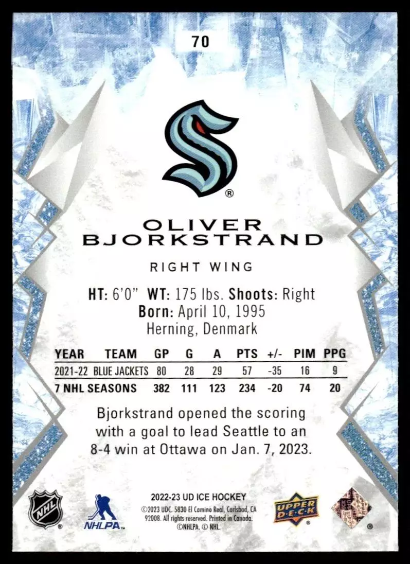 2022-23 Upper Deck Ice #70 Oliver Bjorkstrand 1